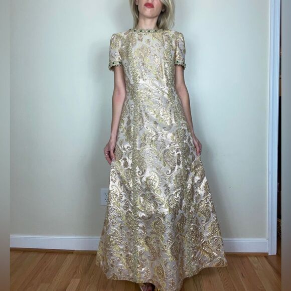 1960s Handmade Golden Brocade Short Sleeve Gown - Picture 1 of 10